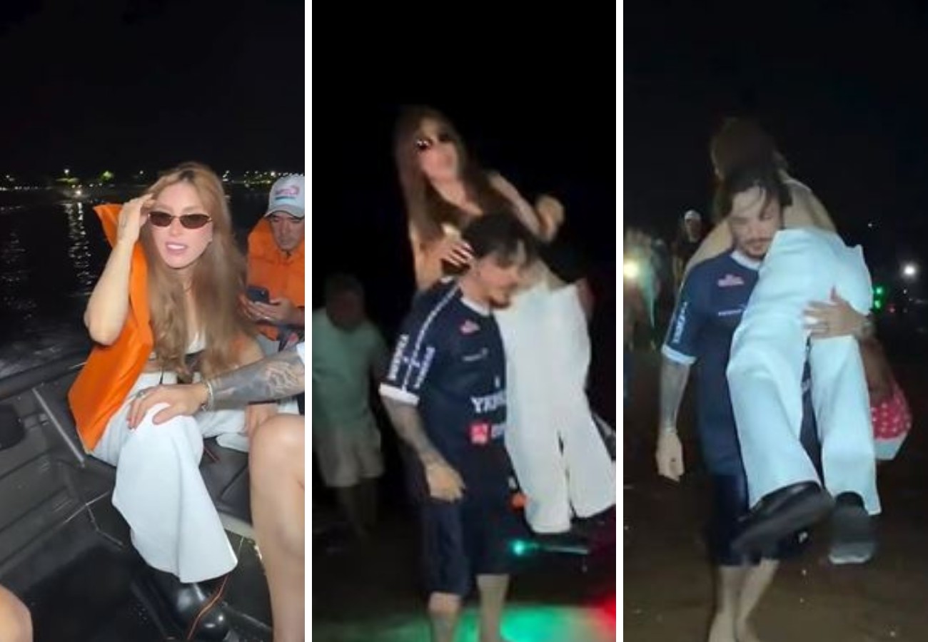 Após atravessar rio de voadeira, Manu Bahtidão é carregada no colo para fazer show em praia no TO; VÍDEO