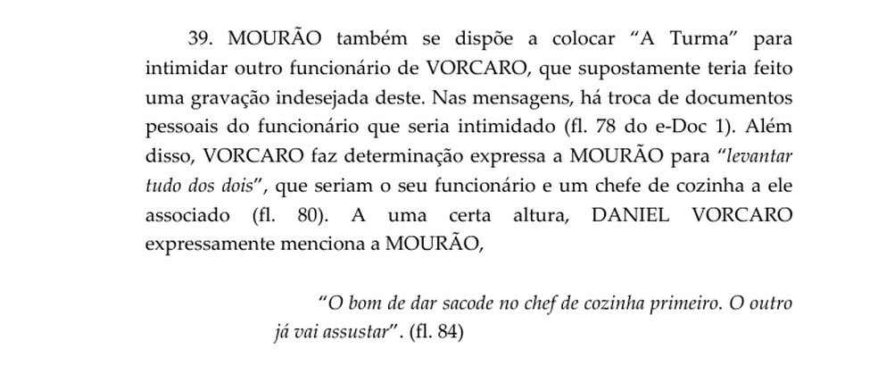 Decisão do STF reproduz mensagem em que Vorcaro orienta intimidar funcionário e pessoa ligada a ele. — Foto: Reprodução