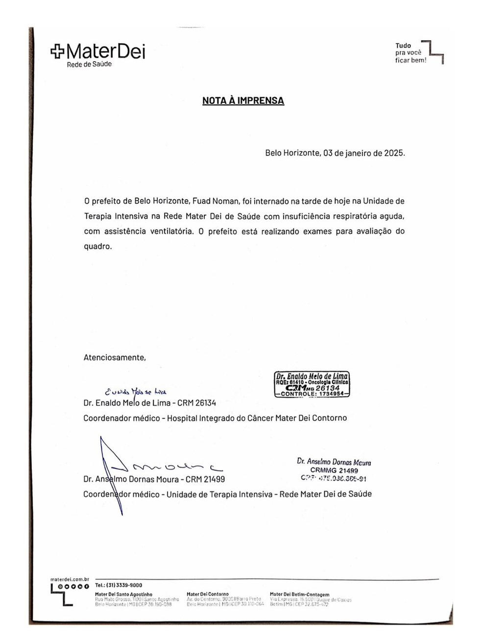 Boletim médico sobre alta do prefeito Fuad Noman (PSD) — Foto: Rede Mater Dei/ Reprodução