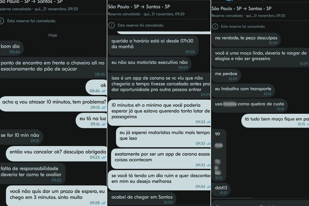 Motorista de aplicativo de caronas deu 'cantada' em jovem que desejava voltar para Santos (SP) — Foto: Arquivo pessoal