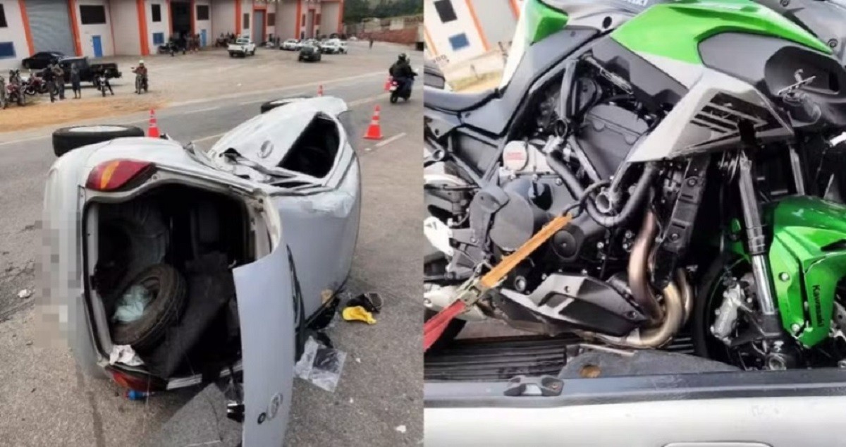 Carro capota após batida com moto na BR-265; duas pessoas ficaram feridas