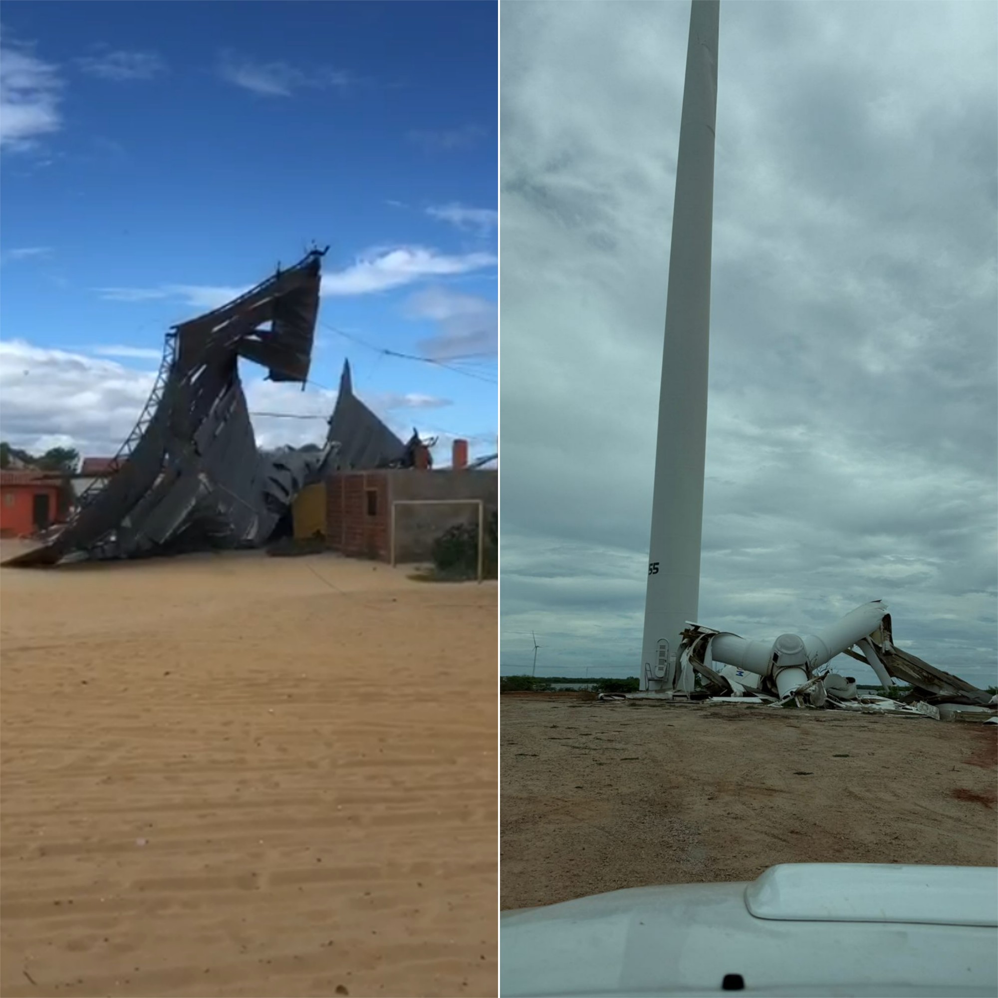 Ventania derruba cobertura de ginásio e parte de torre eólica em cidade do RN