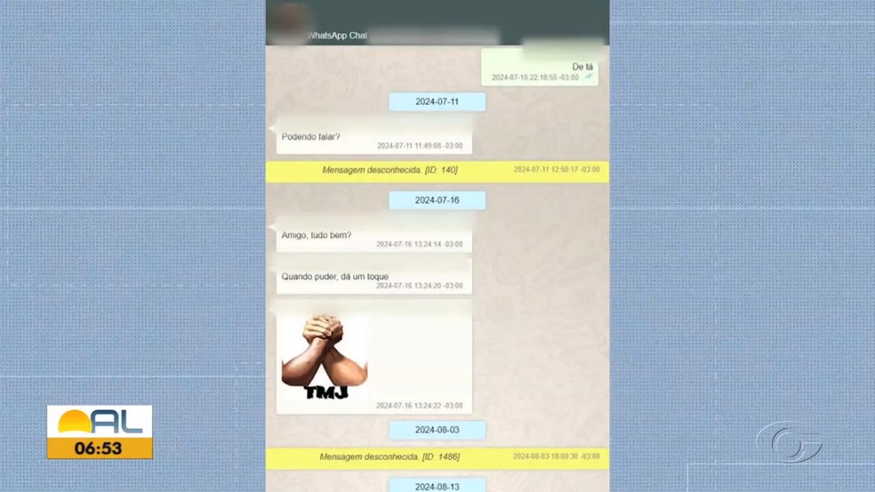 Mensagem mostra delegado pedindo para que o policial ligue para ele e envia uma figurinha com a sigla: "tamo junto".  — Foto: Reprodução TV Gazeta