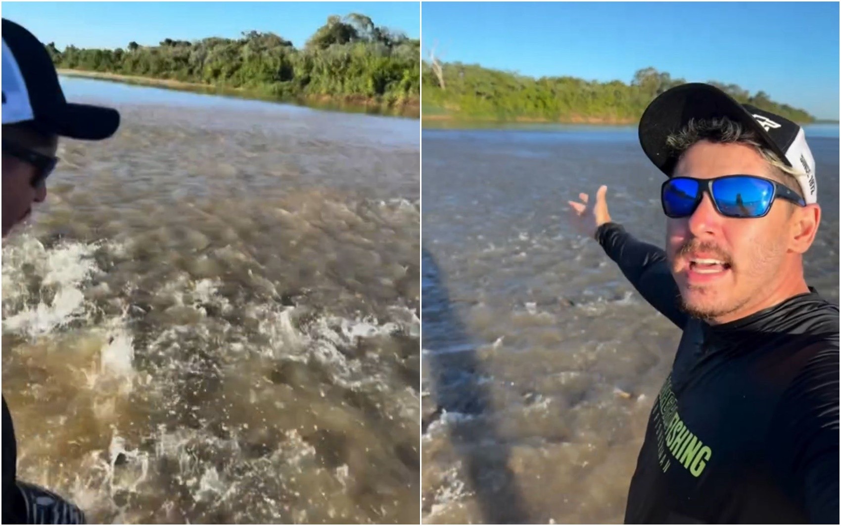 Guia de pesca nada com cardume no Rio Araguaia