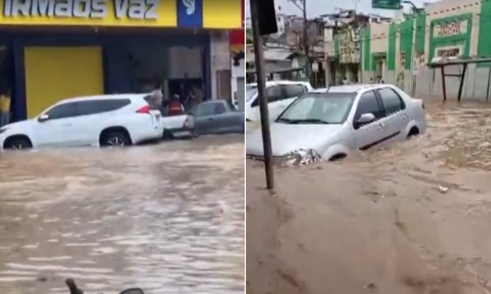 Alagamento cobriu carros em Jaguaquara, na Bahia — Foto: Reprodução/TV Bahia