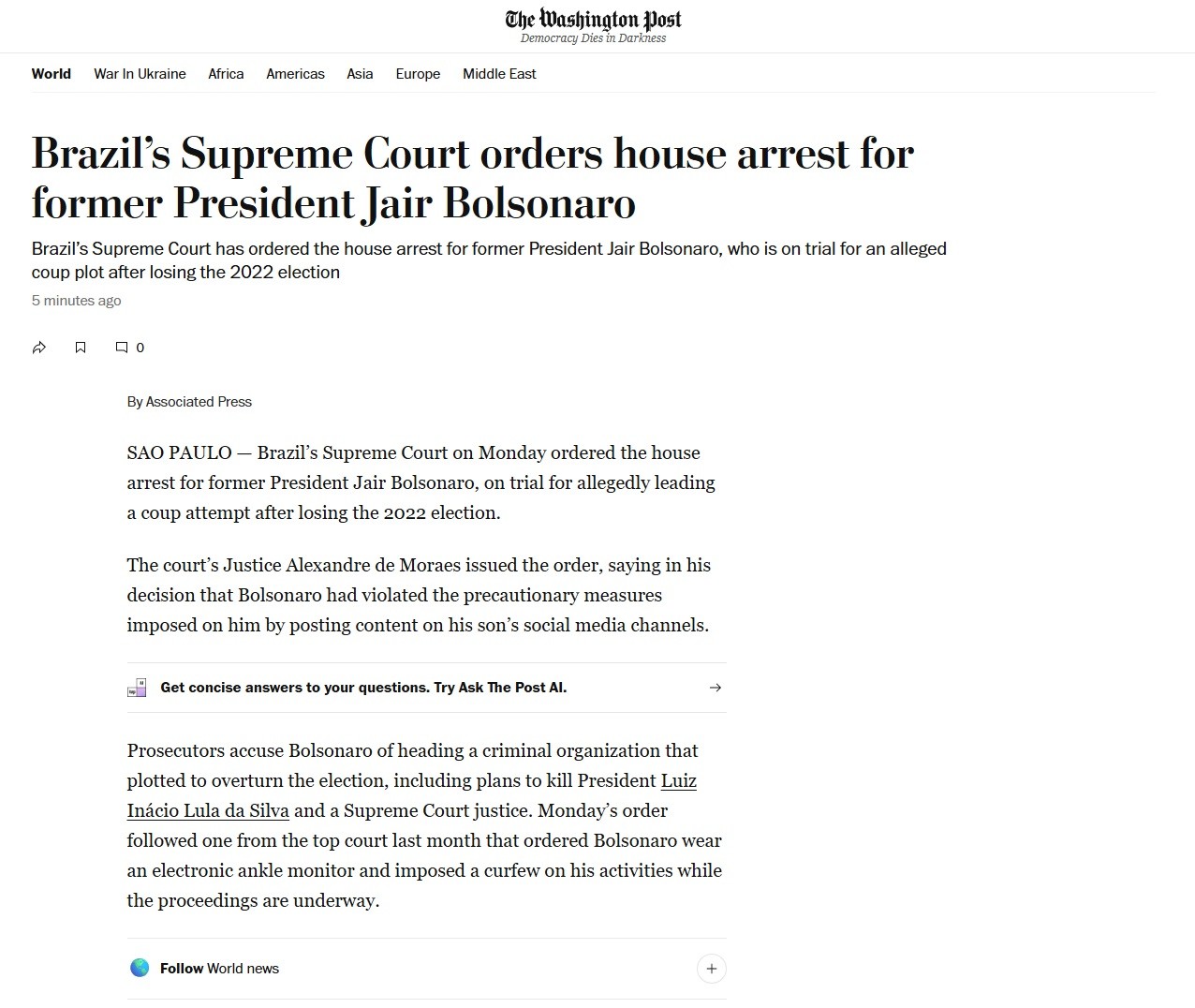 Bolsonaro tem prisão domiciliar decretada: veja a repercussão na imprensa internacional