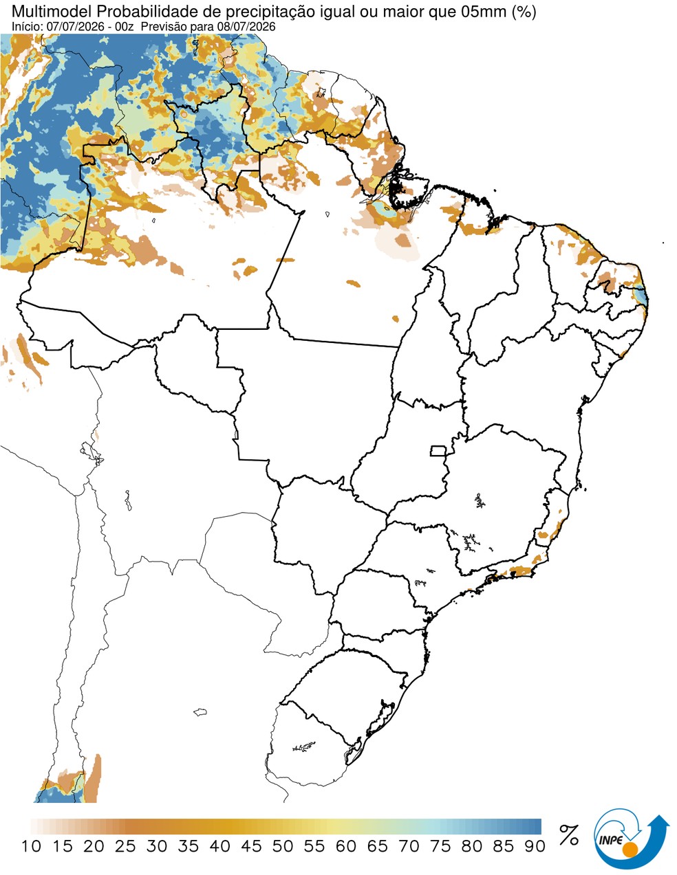 Previsão de chuva nesta quarta em todo o país. — Foto: CPTEC/Inpe