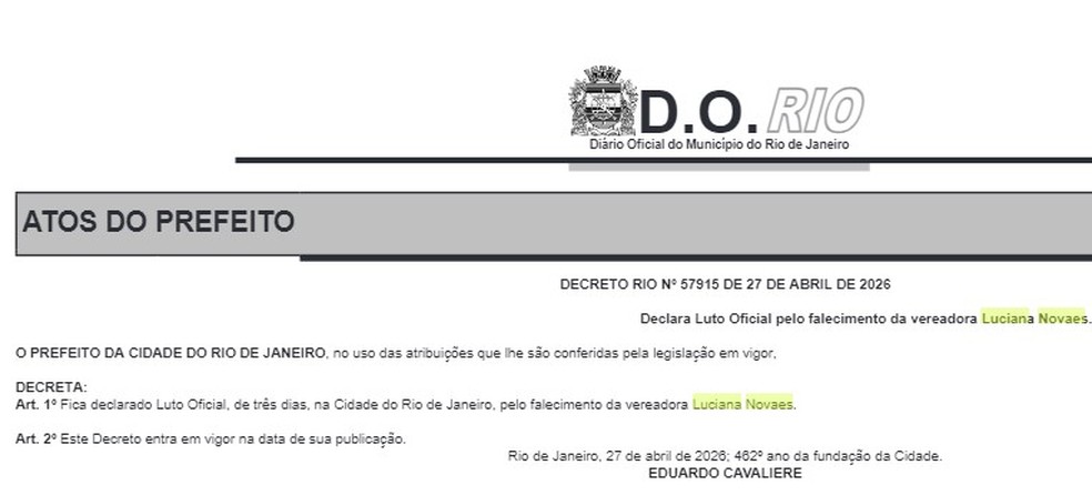 Prefeito decreta luto oficial ela morte da vereadora Luciana Novaes — Foto: Reprodução