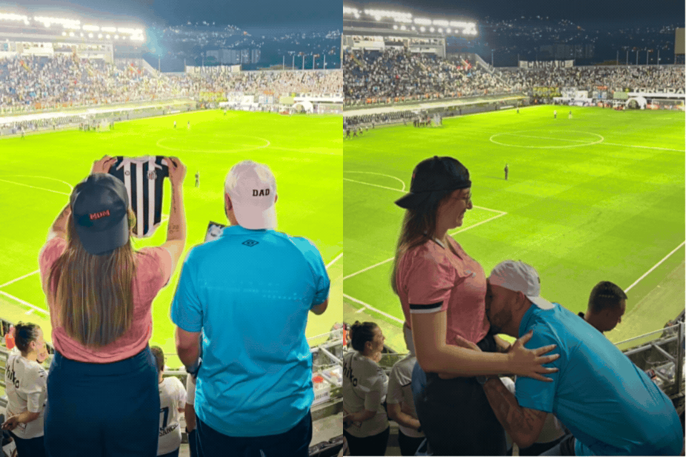 Casal anuncia gravidez durante jogo do Santos na Vila Belmiro e viraliza; VÍDEO