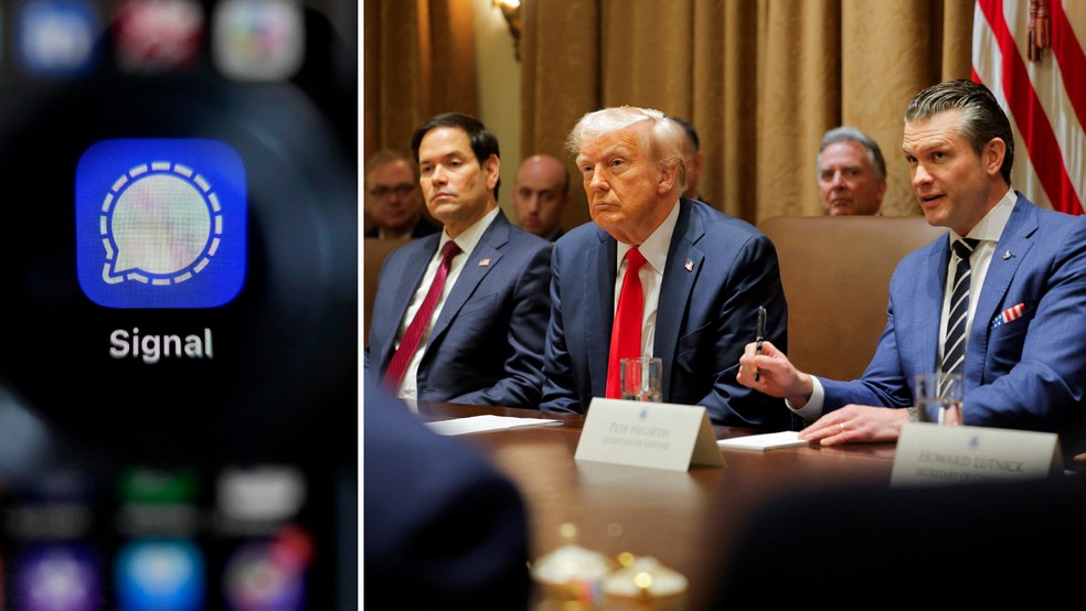 Planos de guerra foram discutidos no Signal por figuras de alto escalão do governo Trump como o secretário de Estado, Marco Rubio (à esquerda), e o secretário de Defesa, Pete Hegseth (à direita) — Foto: AP Photo/Jeff Chiu e Reuters/Brian Snyder