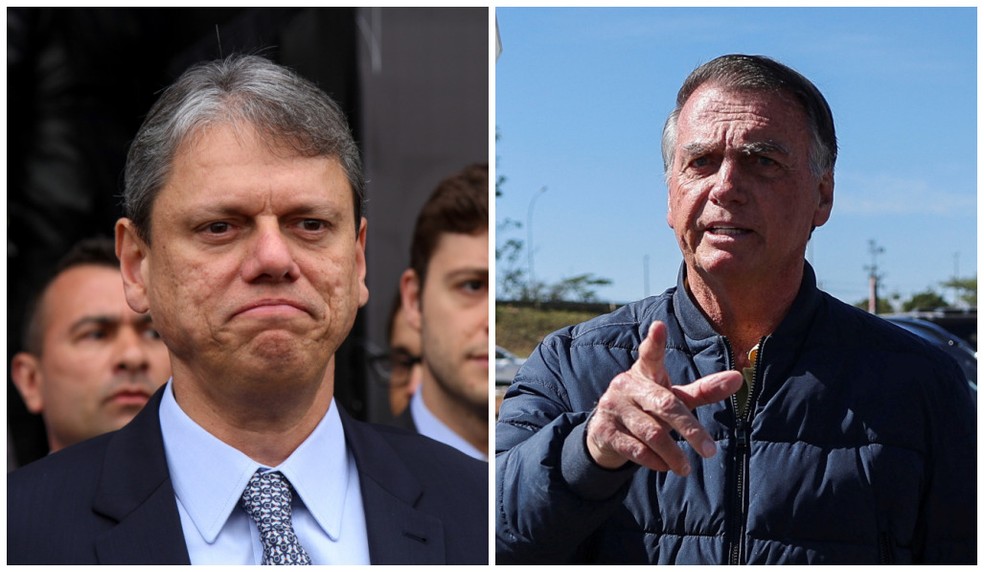 Governador Tarcísio de Freitas diz que 'coragem' nunca faltou ao ex-presidente Jair Bolsonaro após ser alvo de ação da PF. — Foto: Montagem g1/Raul Luciano/Ato Press/Estadão Conteúdo/Adriano Machado/Reuters