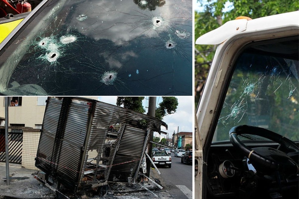Durante o assalto à Prosegur, em Santos (SP), criminosos bloquearam vias, queimaram carros e trocaram tiros — Foto: Arquivo A Tribuna Jornal