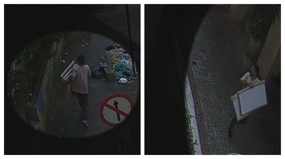 Imagem mostra ladrões com obras roubadas da Biblioteca Mário de Andrade em rua do Centro de SP — Foto: Montagem/g1/Reprodução/TV Globo