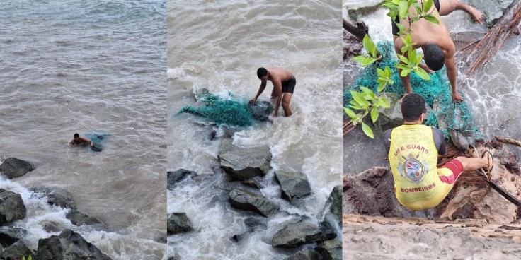 VÍDEO: Tartaruga marinha presa em rede de pesca é resgatada por policial militar na praia da Ponta d’Areia, em São Luís