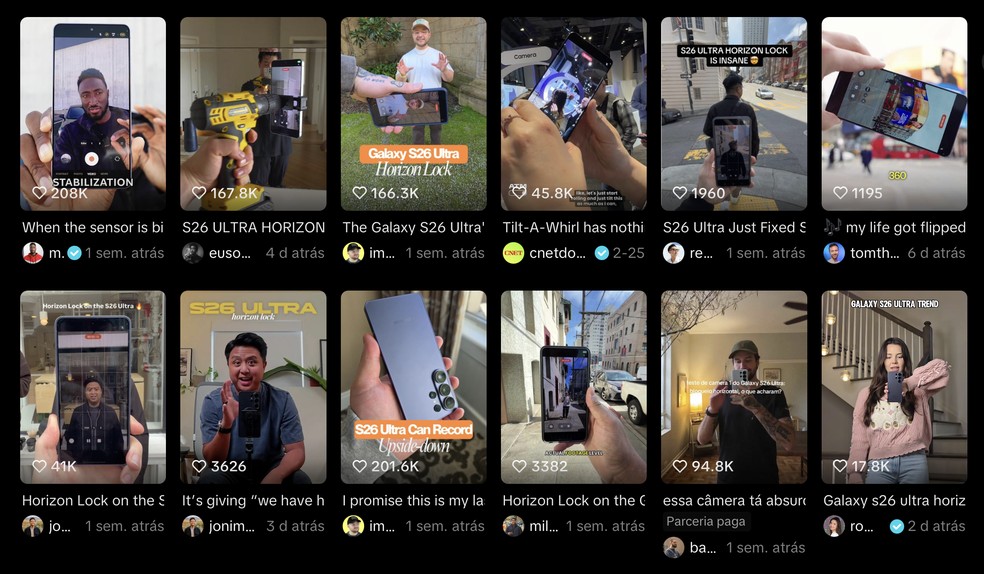 Vídeos no TikTok testando a trava de horizonte do Galaxy S26 Ultra — Foto: Reprodução