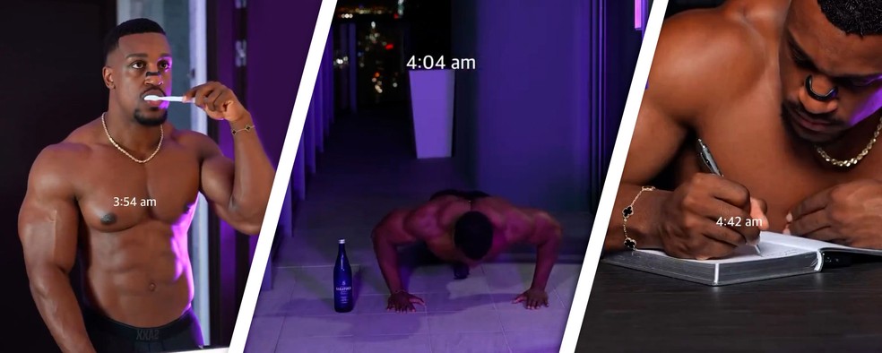 O influenciador Ashton Hall escova os dentes antes das 4 da manhã, faz flexões e escreve em diário, entre diversas outras atividades, antes de tomar seu café da manhã, às 9h30. | Foto: reprodução redes sociais