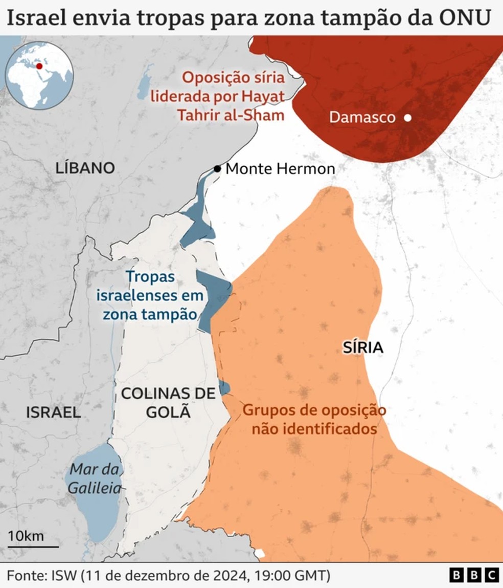 Áreas ocupadas por tropas israelenses na zona-tampão das Colinas de Golã até 11 de dezembro de 2024. — Foto: BBC