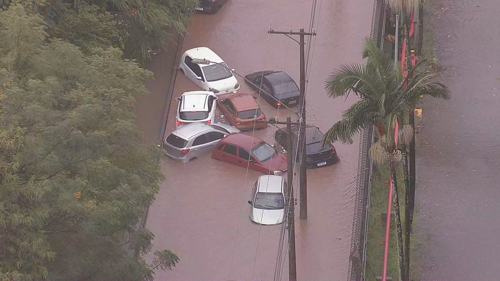 Carros presos em alagamento em Santo André, na Grande SP — Foto: Reprodução/TV Globo