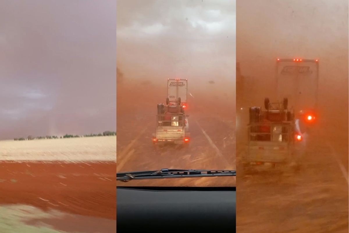 VÍDEO: redemoinho toma conta de rodovia durante vendaval e assusta motoristas em MS