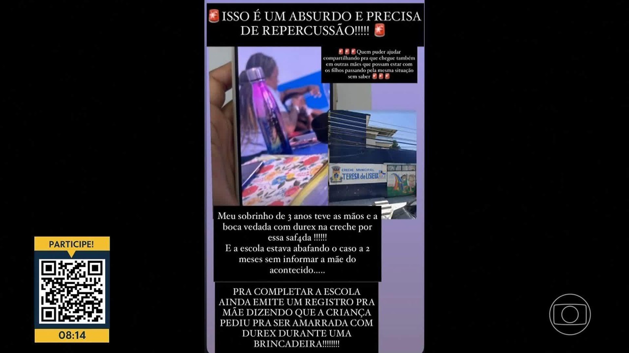 Pais denunciam creche de Caxias por maus-tratos e dizem que criança teve boca amordaçada e mãos amarradas com fita adesiva