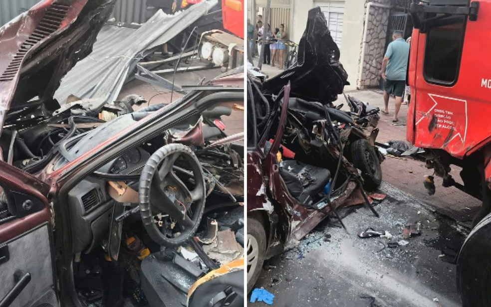 Uma das vítimas acabou ficando presa às ferragens em acidente em Goiás, segundo os bombeiros — Foto: Reprodução/TV Anhanguera