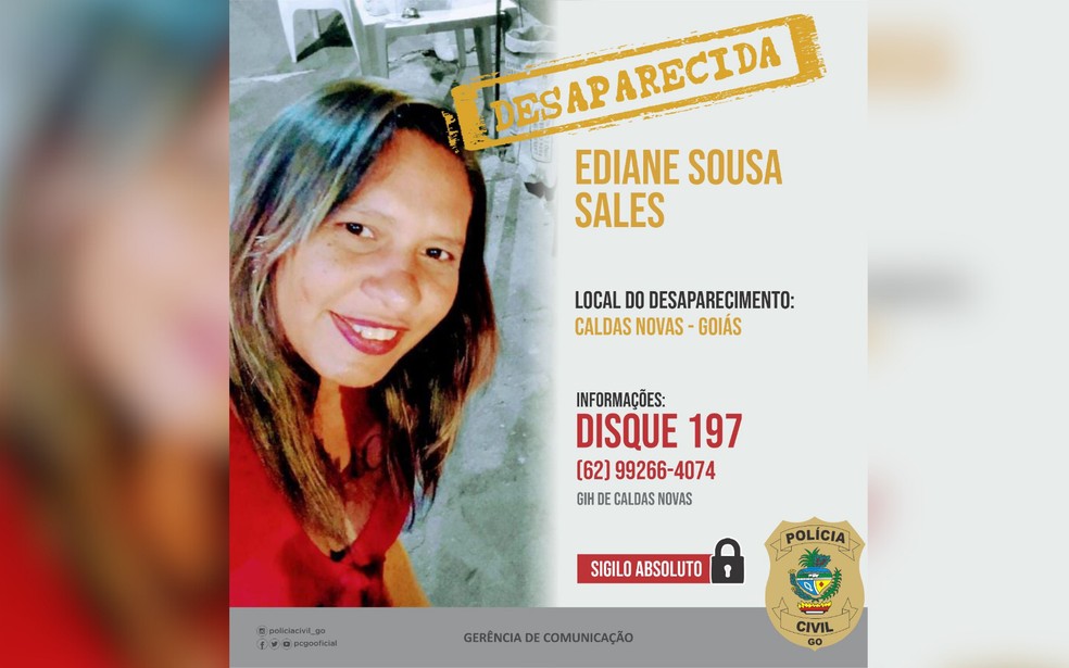 Polícia Civil investiga o desaparecimento de Ediane Sousa Sales, em Caldas Novas — Foto: Divulgação/Polícia Civil