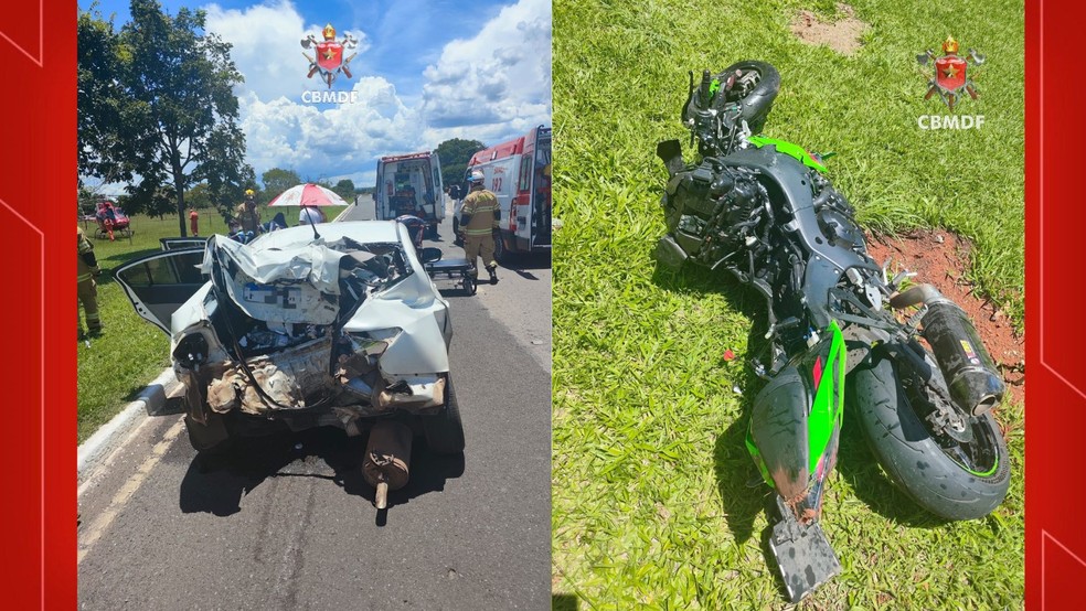 Acidente entre carro e moto deixa duas pessoas feridas no Eixo Monumental, em Brasília — Foto: CBMDF/Divulgação