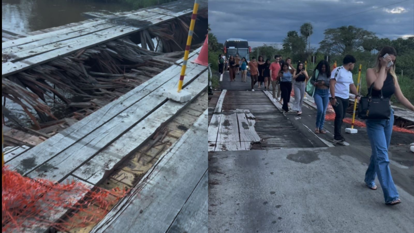 VÍDEO: Estudantes atravessam a pé ponte de madeira quebrada na BR‑222, no PI; trecho está interditado
