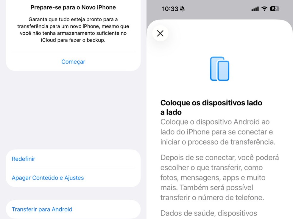 Telas de transferência de dados entre iPhone e Android. — Foto: Reprodução