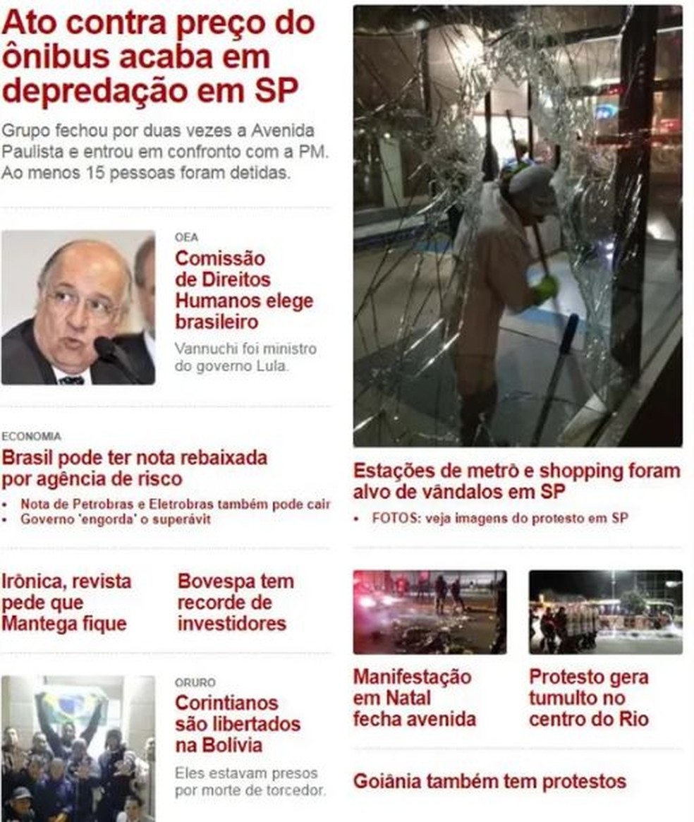 Primeira página do g1 em 6 de junho de 2013 — Foto: Reprodução