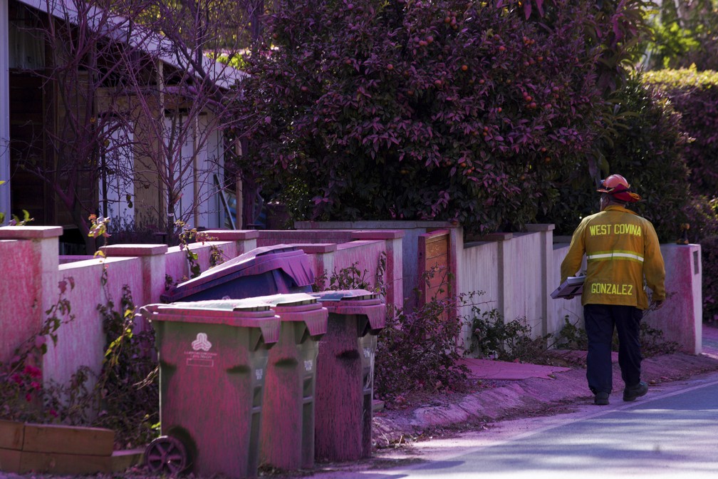 Bombeiro caminha por área de em Mandeville Canyon, Los Angeles, coberta por retardante rosa de fogo — Foto: Richard Vogel/AP