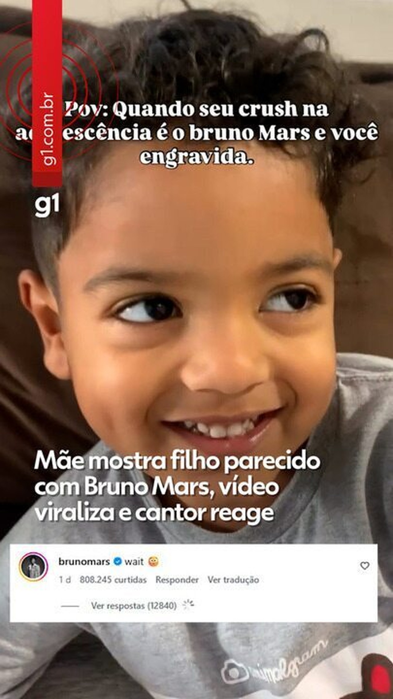 ' Peraí': Bruno Mars comenta post com sósia brasileiro de 3 anos