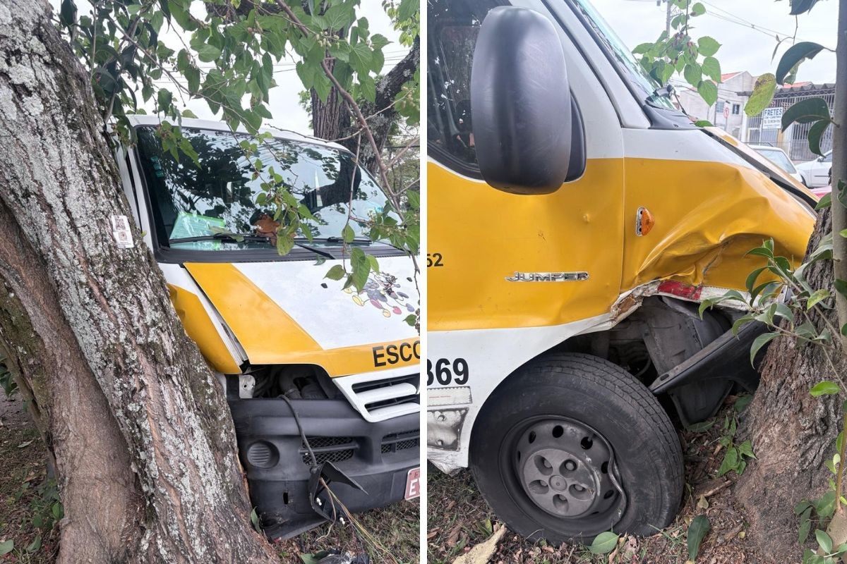 Vídeo: Van escolar bate em árvore após acidente em cruzamento de São José dos Campos