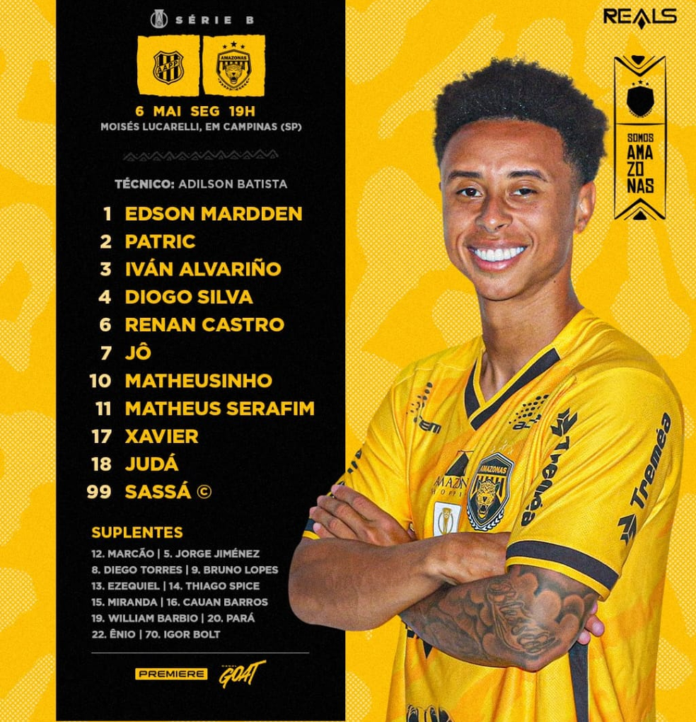 Escalação do Amazonas para o jogo contra a Ponte Preta, divulgada 1 hora antes da partida, trazia o nome de Jô entre os titulares — Foto: Reprodução/Amazonas