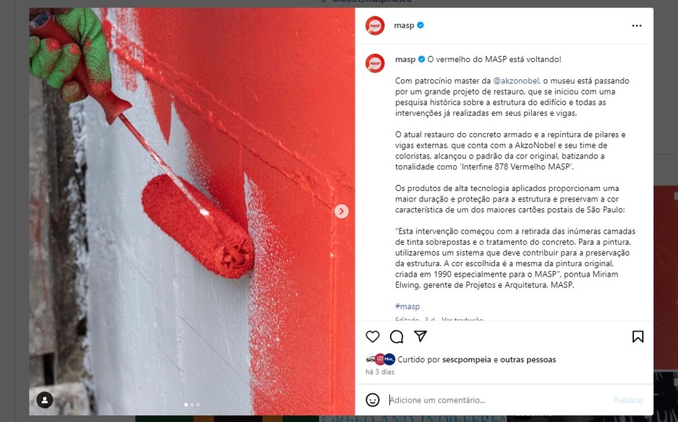 Masp volta a ser pintado de vermelho durante trabalho de restauro — Foto: Reprodução/Redes sociais