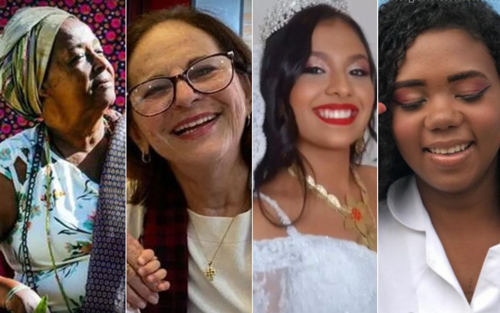 Mãe Bernadete, a idosa Vera Lúcia, adolescente cigana Hyara Flor e maquiadora Bruna x foram mortas neste ano na Bahia — Foto: Conaq/ Redes sociais