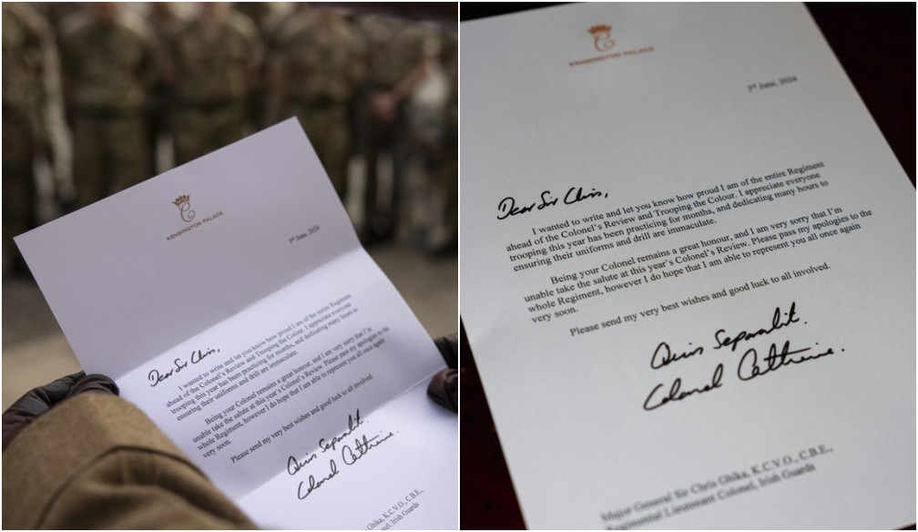 Kate Middleton envia carta com pedido de desculpas por não participar de evento em comemoração ao aniversário do rei Charles — Foto: Reprodução/Twitter