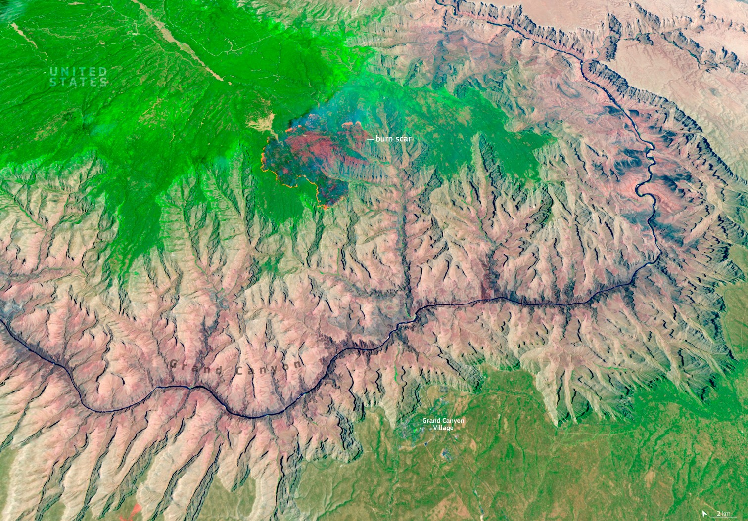 Imagem de satélite mostra cicatriz de incêndio que devastou o Grand Canyon, nos EUA; VEJA