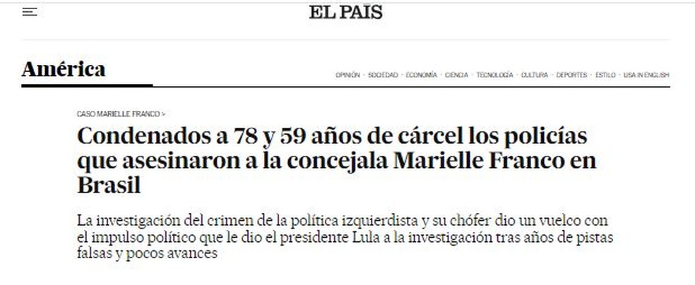 O jornal espanhol 'El pais' repercute a condenação dos assassinos de Marielle Franco — Foto: Reprodução