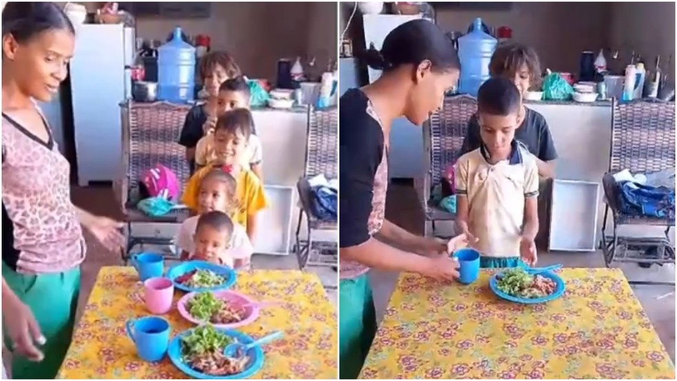 Cuida, cuida! Mãe viraliza nas redes com vídeo servindo almoço das crianças — Foto: Reprodução