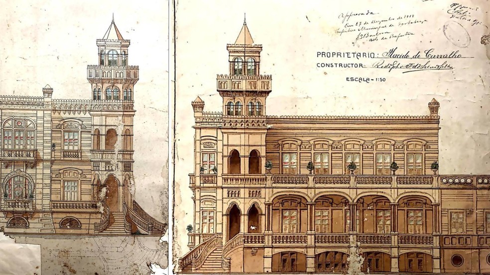 Desenho da fachada do Castelo do Plácido está no acervo da universidade Federal do Ceará — Foto: Reprodução
