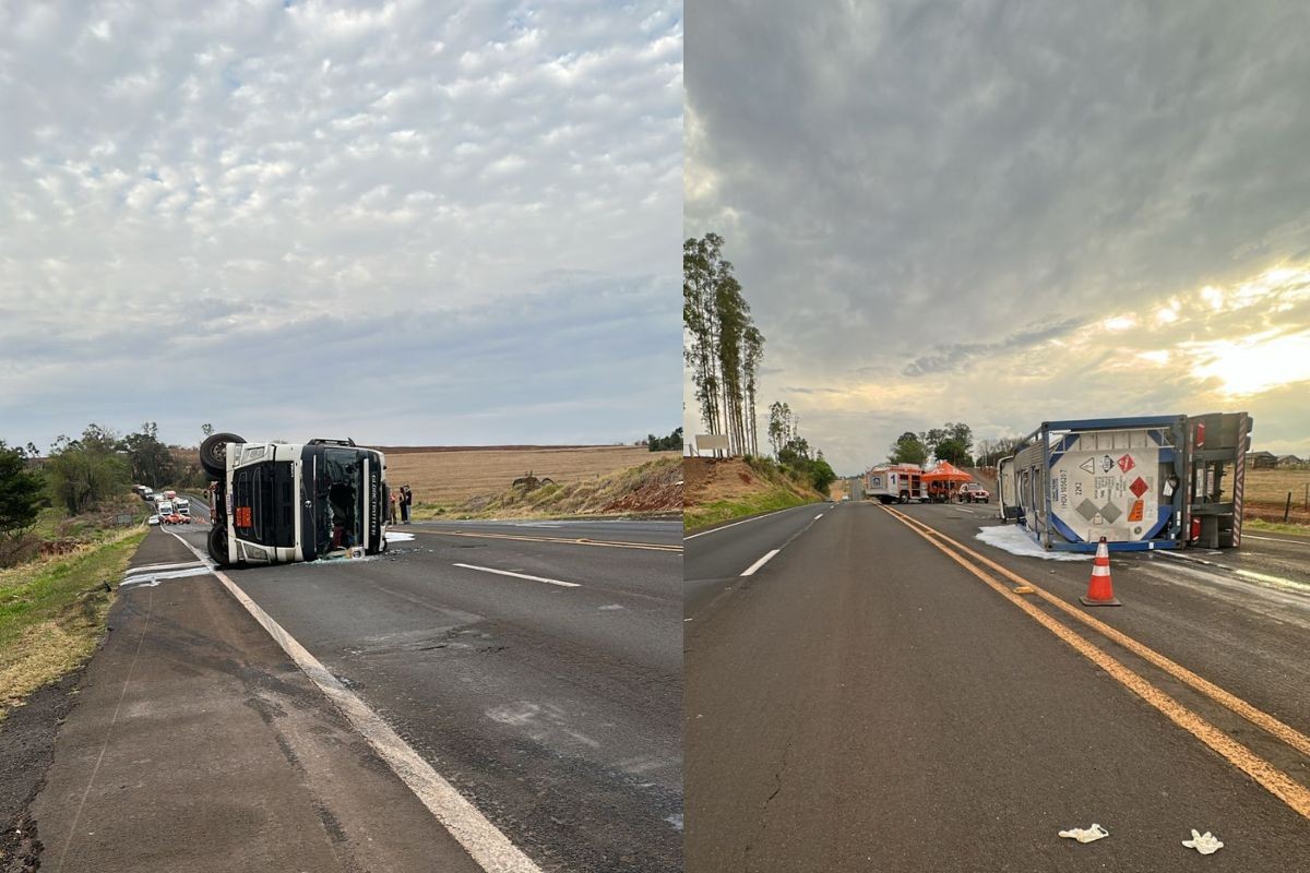 Ligação entre Londrina e Maringá, PR-444 é interditada totalmente por risco de explosão após tombamento de caminhão com ácido inflamável