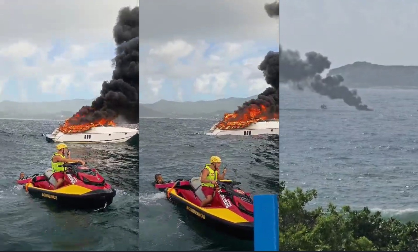 Lancha pega fogo no mar de Florianópolis e duas pessoas precisam ser resgatadas; VÍDEO