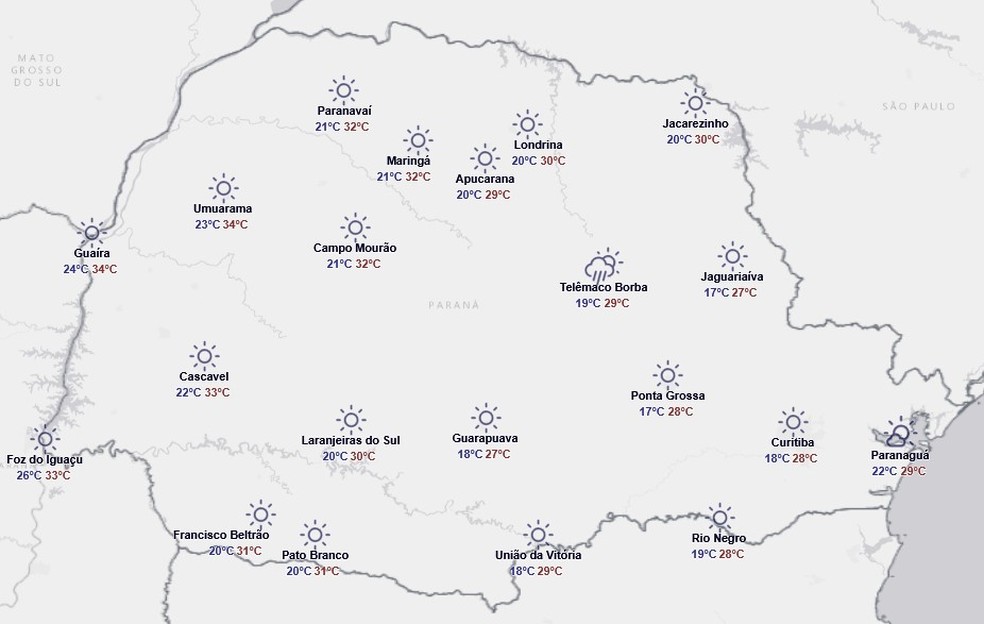 Previsão para segunda-feira, 16 de março — Foto: Reprodução/Simepar