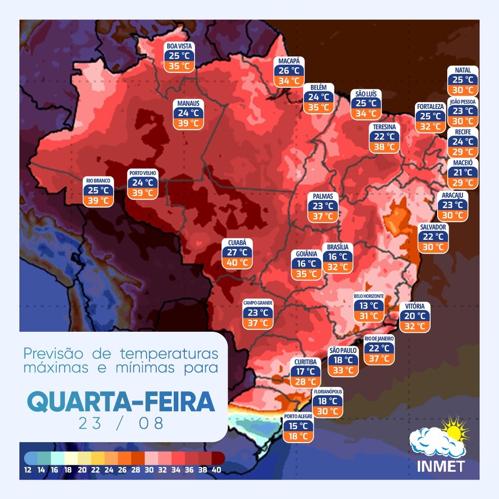 Previsão de mínimas e máximas para as capitais nessa quarta (23). — Foto: INMET/Divulgação