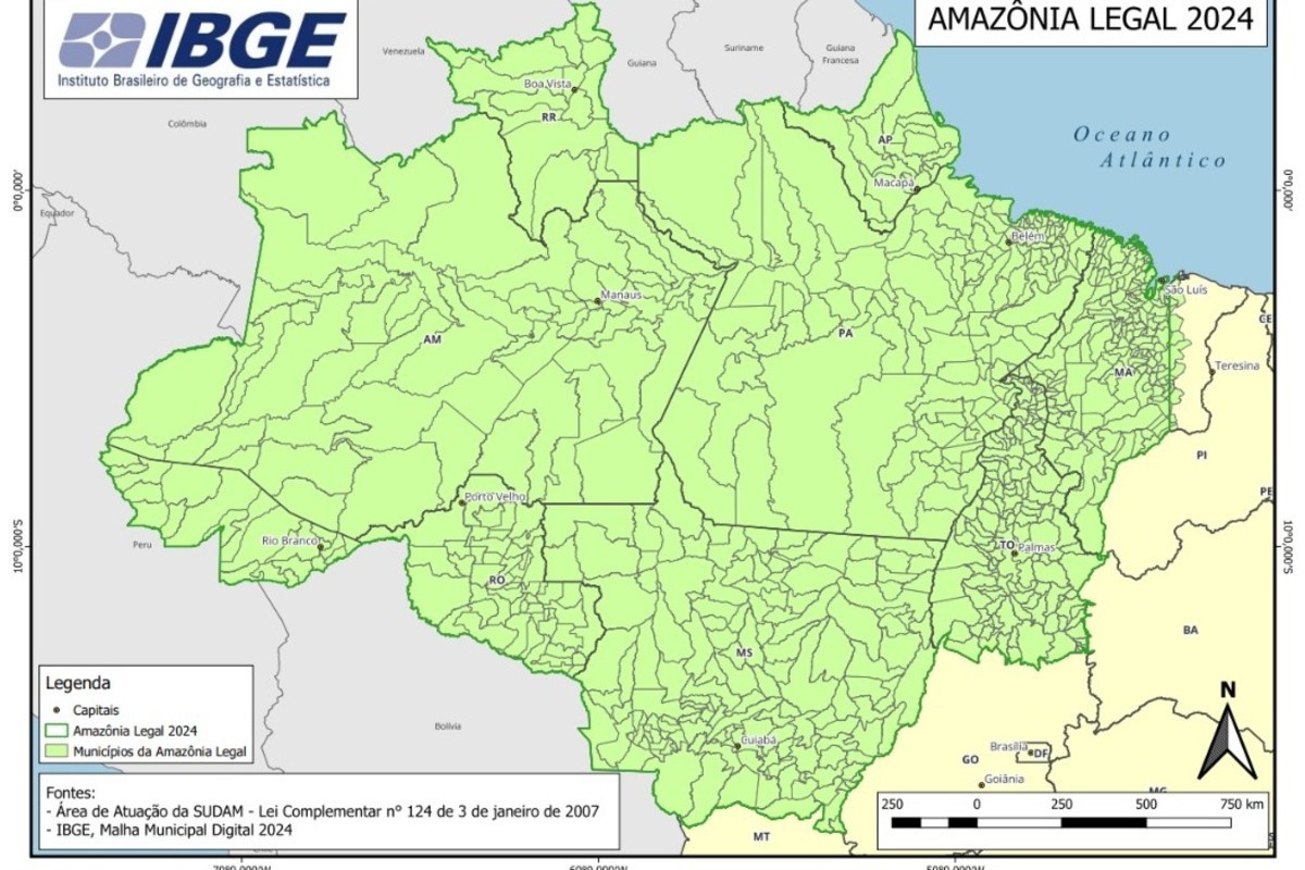 IBGE troca siglas, inverte MT por MS e apaga Acre de mapa da Amazônia Legal