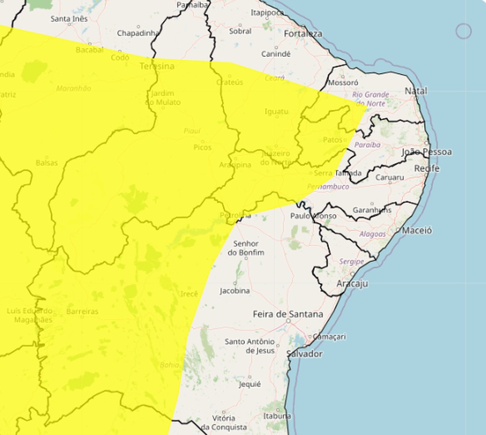 Alerta amarelo de baixa umidade em 81 municípios da Paraíba — Foto: Reprodução/Inmet