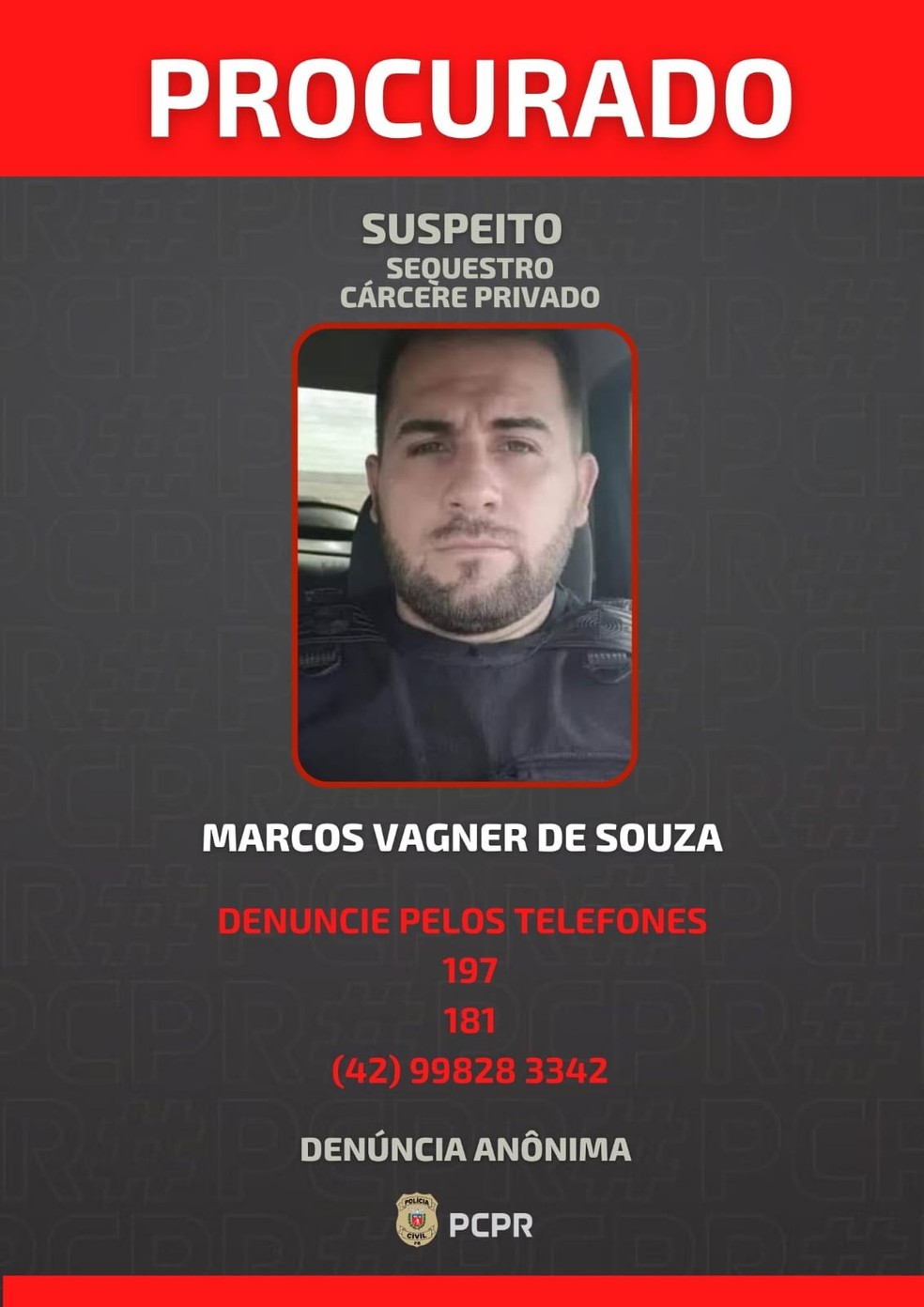 Marcos Vagner de Souza se entregou à polícia após ser considerado foragido pelo desaparecimento de Isis Victoria Mizerski — Foto: Polícia Civil do Paraná
