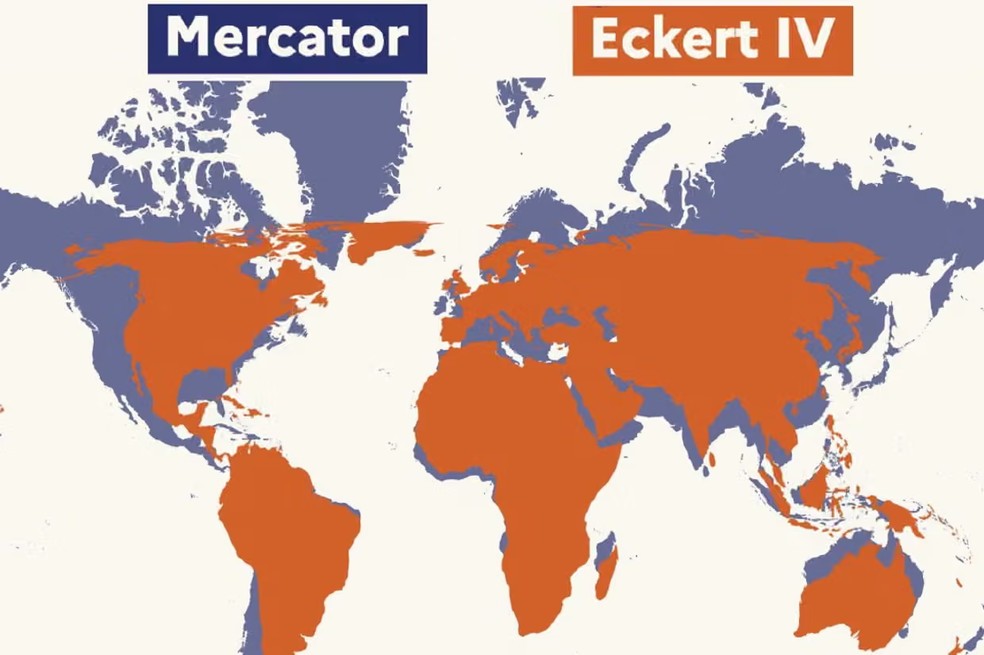 Comparação entre o mapa Mercator e a nova proporção aprovada pela ONU — Foto: Reprodução / Ministério do Interior da França