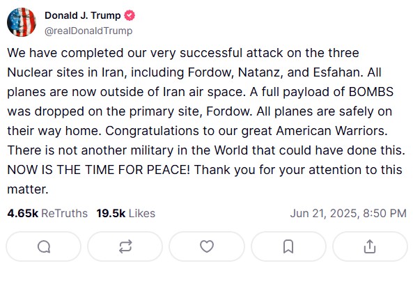 Trump diz que EUA atacaram três instalações nucleares do Irã